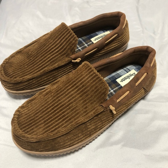 Dearfoams Tan Corduroy Slippers with Blue Plaid Lining - Picture 1 of 5